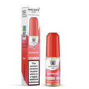 The image shows a product packaging for Bar Juice 5000 e-liquid in a red bottle with a white and pink label, indicating a strawberry kiwi flavor. The packaging is designed for a vape juice with a nicotine content of 20mg/ml and includes a schematic representation of a cigarette with nicotine.